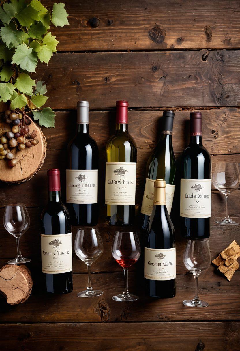 A beautifully arranged table with an array of wine bottles and glasses, showcasing various colors and labels. Include a corkscrew, tasting notes, and a rustic wooden background to evoke a warm, inviting atmosphere. Soft, ambient lighting should create a sense of elegance and sophistication. Add lush grapevines in the corners for a touch of nature. super-realistic. warm tones. rustic style.