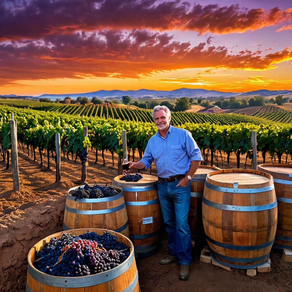 A captivating vineyard landscape at sunset, showcasing rows of grapevines heavy with ripe grapes. In the foreground, a seasoned winemaker inspects a barrel of wine with a glass in hand, surrounded by tools of the trade like corks, wine bottles, and grape clusters. The sky is painted with warm hues of orange and purple, creating a relaxing atmosphere that invites wine lovers to explore. super-realistic. vibrant colors. 3D.
