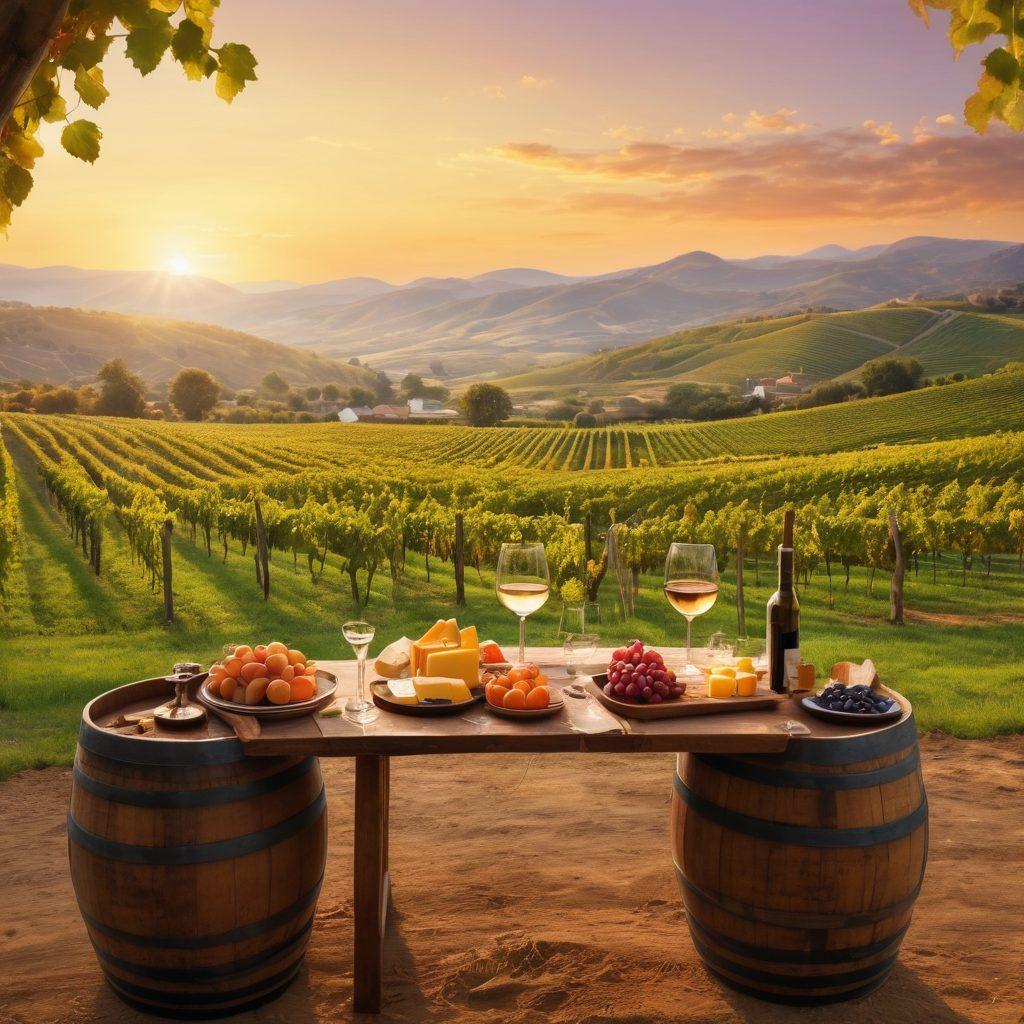 A picturesque vineyard at sunset, with rows of grapevines and wine barrels scattered throughout. A couple is engaging in a wine tasting session, savoring different glasses of wine amidst a soft, golden light. Include a rustic wooden table adorned with cheese and fruits, capturing the essence of wine appreciation. The background should have rolling hills and a pastel-colored sky. super-realistic. vibrant colors. atmospheric.